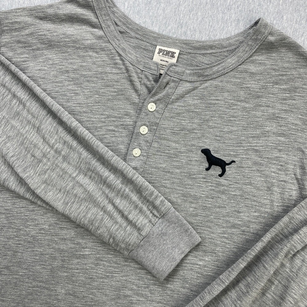 PINK Victoria's Secret Henley Women M Grey Long Sleeve Slub Jersey EUC